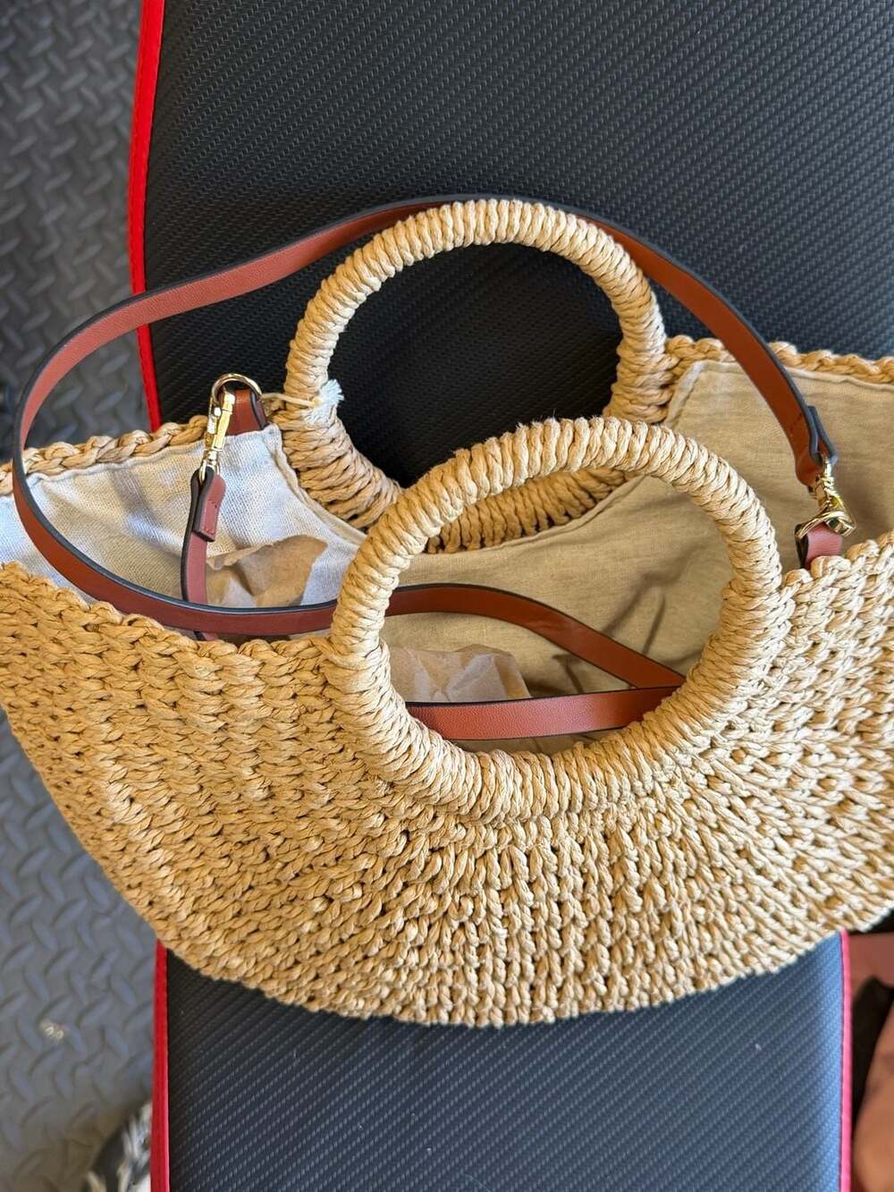 Half Moon Woven Straw Handbag with Tassel and Brown Leather Accents - Picture 3 of 3